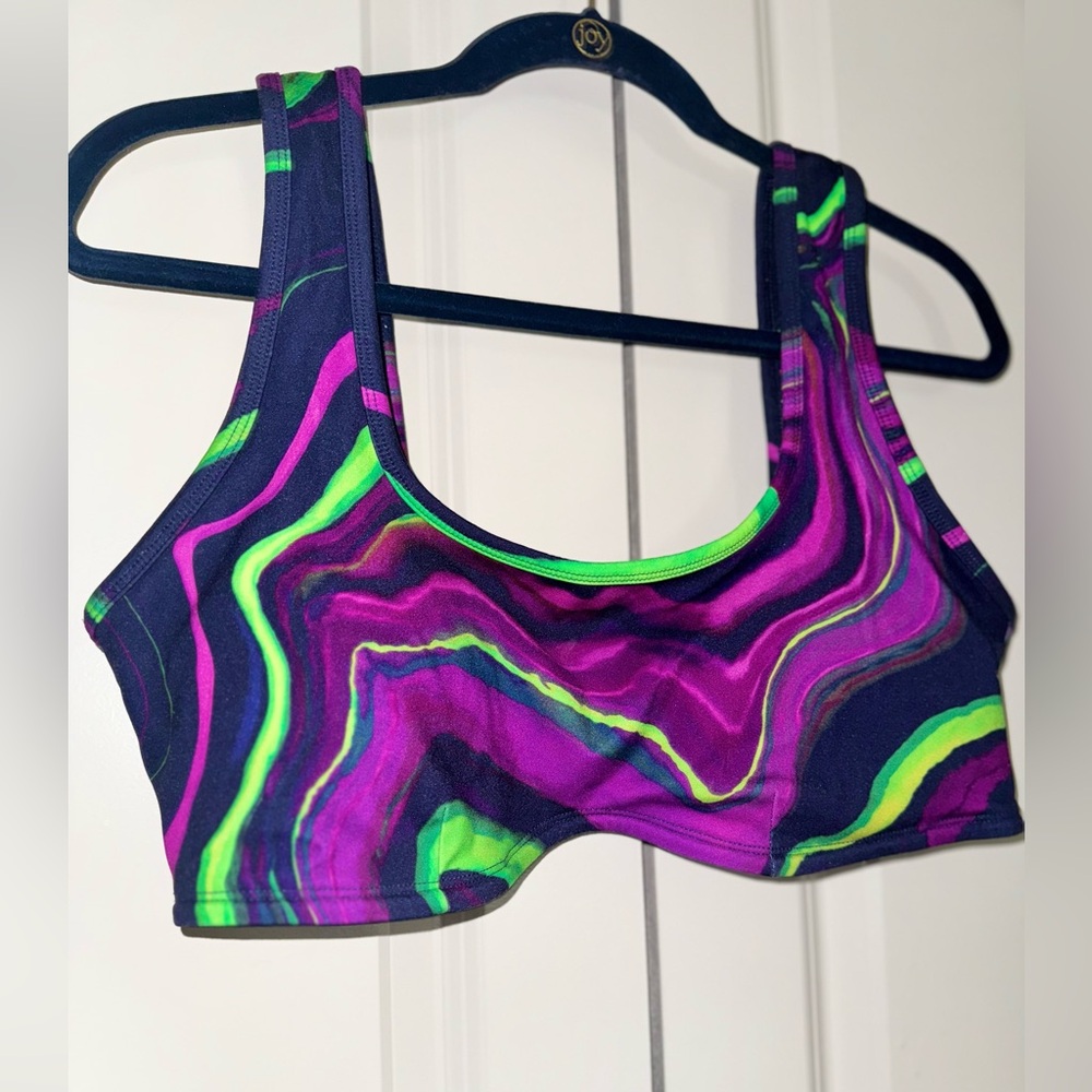 Fabletics Navy, Purple, and Green Sports Bra with Hook closure, size XL